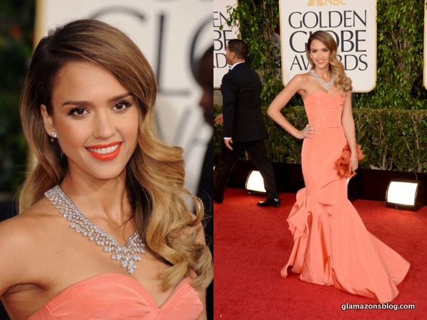 GET THE LOOK: Jessica Alba’s Sunkissed Skin & Bold Orange Lip at the 2013 Golden Globes!