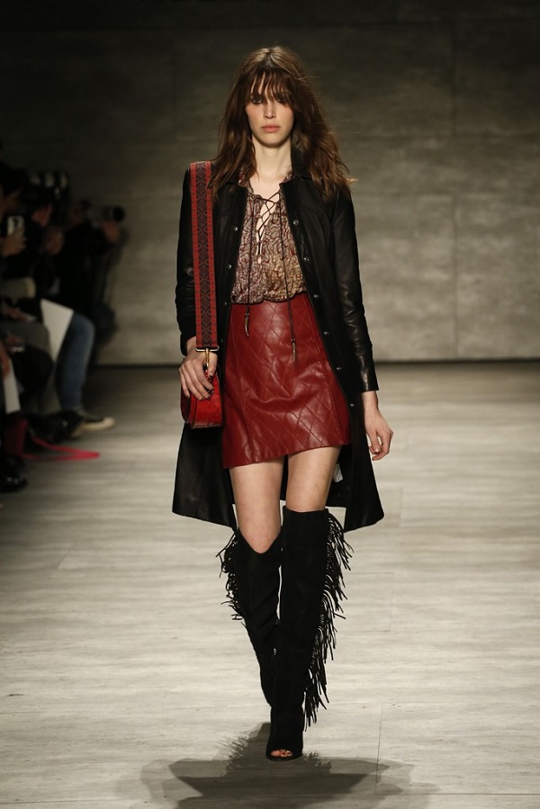 Rebecca-Minkoff-Fall-2015-Collection-Leather-Coat-Boho-Shirt-Red-Leather-Quilted-Skirt-Knee-High-Fringe-Open-Toe-Boots-NYFW-Glamazonsblog