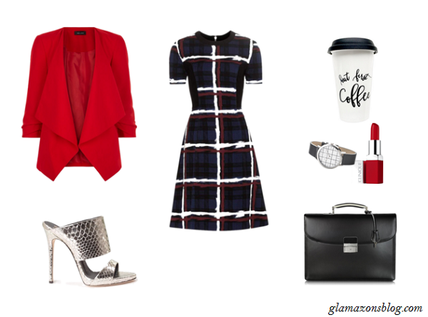 Red-Blazer-Grid-Print-Dress-Metallic-Mules-Office-Outfit-Ideas-Spring-Glamazonsblog