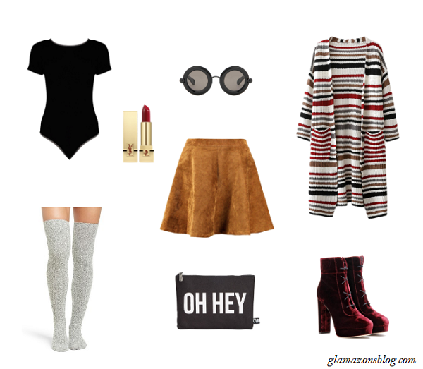 suede-skater-skirt-striped-cardigan-bodysuit-thanksgiving-outfit-idea-glamazonsblog