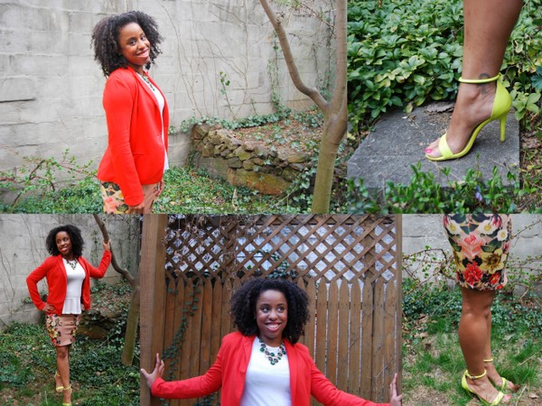 What I Wore: Forever 21 Orange Blazer, Floral Pencil Skirt, H&M White Peplum Top and Prabal Gurung for Target Neon Sandals