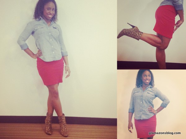 What I Wore: Forever 21 Chambray Shirt, American Apparel Red Skirt and Charles by Charles David Leopard Boots