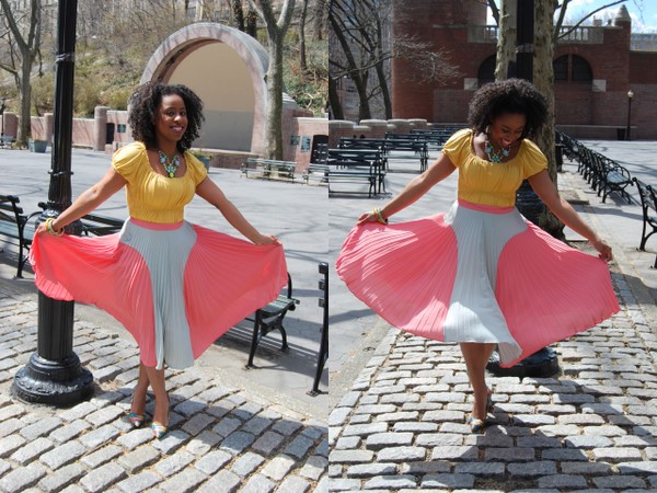 What I Wore: ASOS Glamorous Pleated Skirt in Mint/Peach, Daffodil Top, Prabal Gurung for Target Printed Pumps