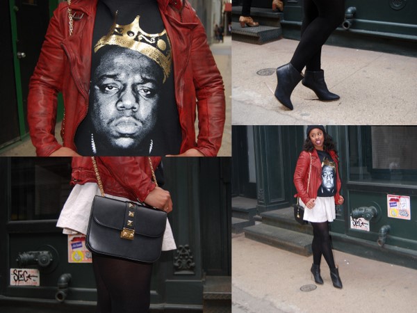 What I Wore: Urban Outfitters ‘Biggie King of NYC’ Sweatshirt, ASOS Red Leather Jacket and Maison Martin Margiela for H&M Mirror Wedges