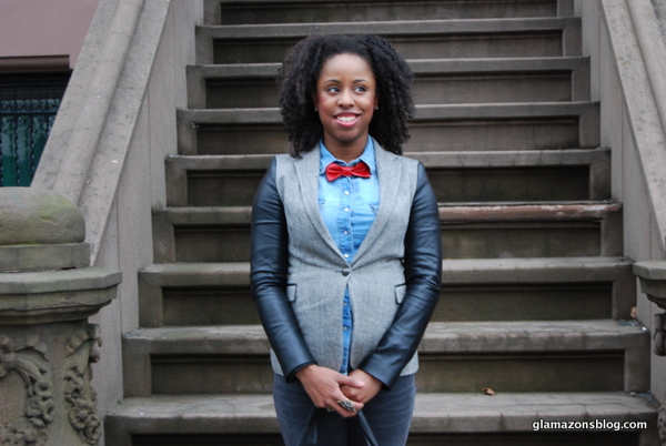 What I Wore: Zara Blazer with Leather Sleeves, H&M Chambray Shirt, American Apparel Bowtie and Forever 21 Wedge Sneakers