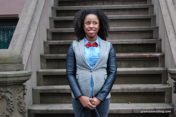 What I Wore Zara Blazer With Leather Sleeves H M Chambray Shirt American Apparel Bowtie And Forever 21 Wedge Sneakers Glamazons Blog