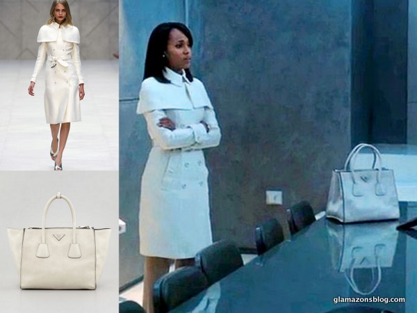 Scandal Fashion Recap: Olivia Pope’s Burberry Spring 2013 White Coat, Lululemon Work Out Gear and Prada Twin Pocket Tote