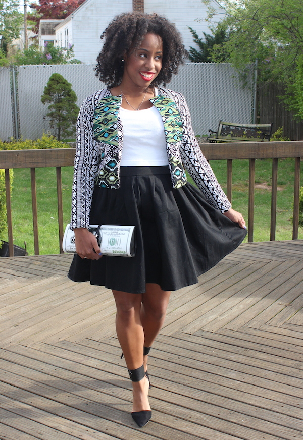 street-style-asos-jacket-contrast-mix-print-white-crop-top-full-skirt-patricia-field-lucky-1000-money-clutch-glamazons-blog-11