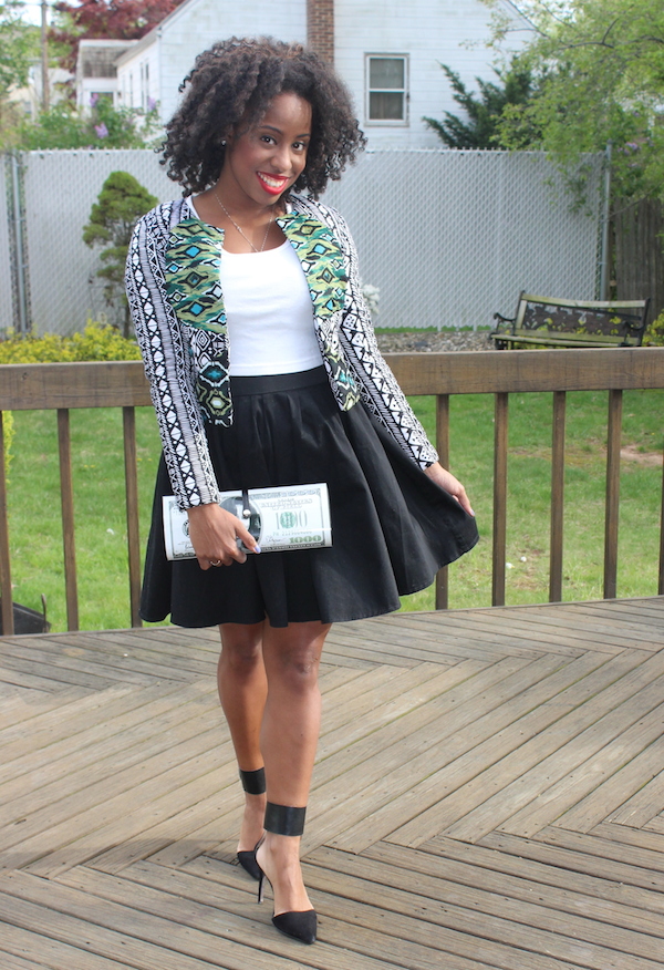 street-style-asos-jacket-contrast-mix-print-white-crop-top-full-skirt-patricia-field-lucky-1000-money-clutch-glamazons-blog-2