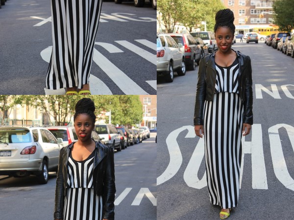 street-style-black-white-maxi-dress-leather-jacket-neon-sandals-4