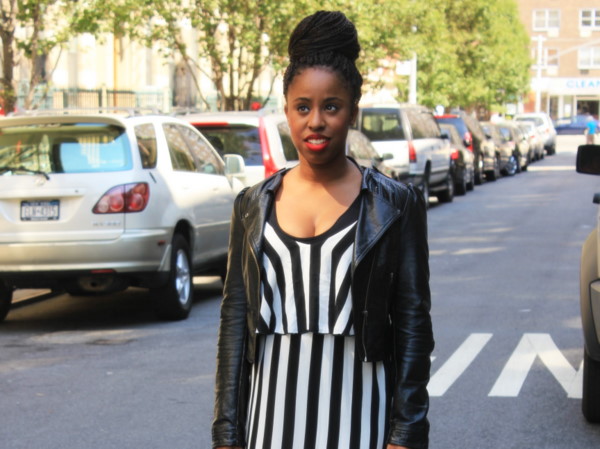 street-style-black-white-maxi-dress-leather-jacket-neon-sandals-5