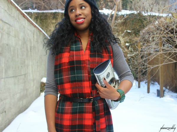 street-style-snow-belt-wrapped-around-scarf-plaid-scarf-patricia-field-money-clutch-beanie-hat-just-fab-zyree-glamazons-blog-edit